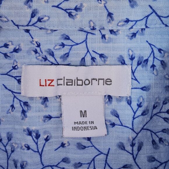 Liz Claiborne Womens Size M Blue Faux Wrap Button Up Blouse Micro Prairie Floral - Picture 3 of 9